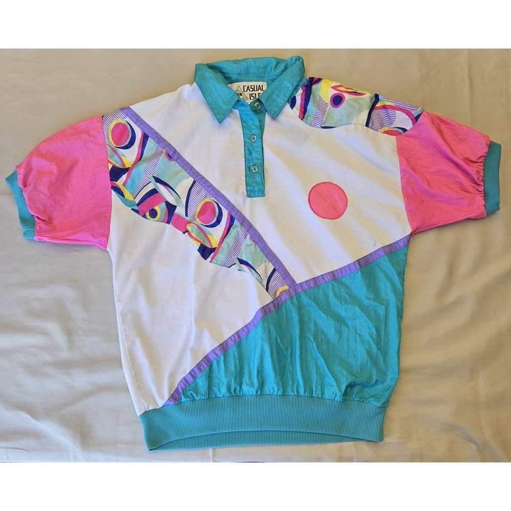 Vtg 80's 90's Casual Isle Women's Color Block Polo Short Slv Banded Shirt Sz S